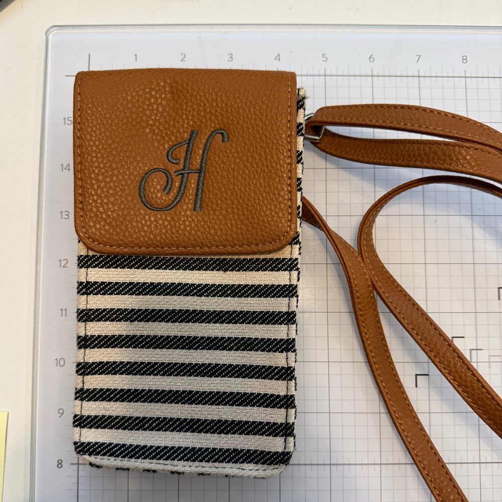 Thirty-One Monogram H Striped Crossbody Phone Bag - Brown & Black White